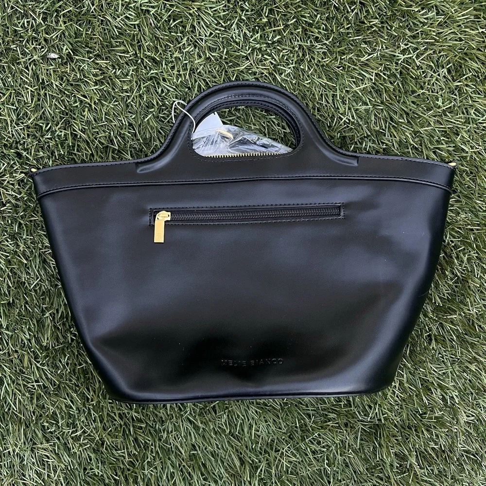 Melie Bianco Straw + Vegan Leather Tote Bag, Black Trim, NWT